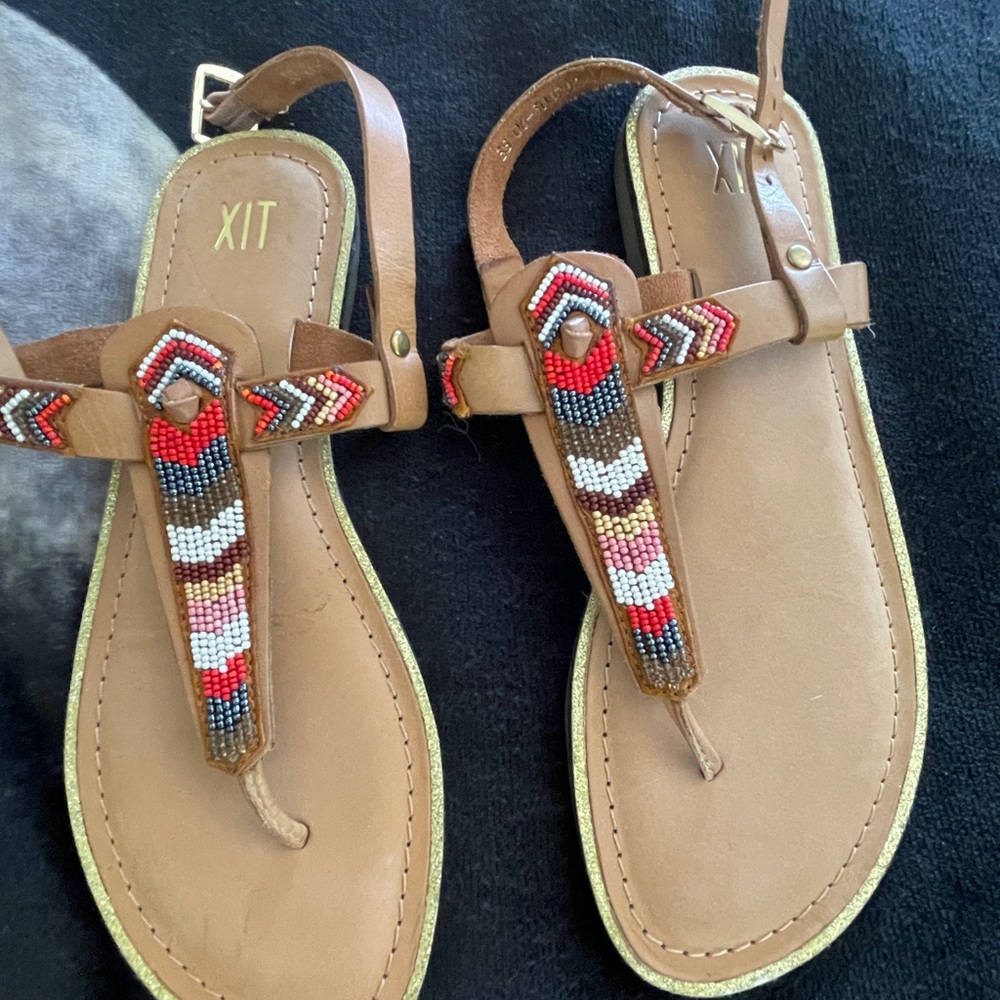 XIT Tan Beaded T-Strap Women's Leather Sandals